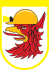 Podziemne Trasy Szczecina Logo czerwony gryf w zóltym kasku z latarką na jego szczycie